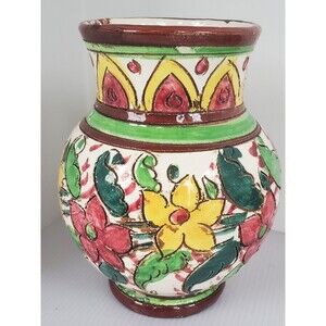 Vintage Italian Flower Vase Floral glazed clay hand made Italy Decorative Signed